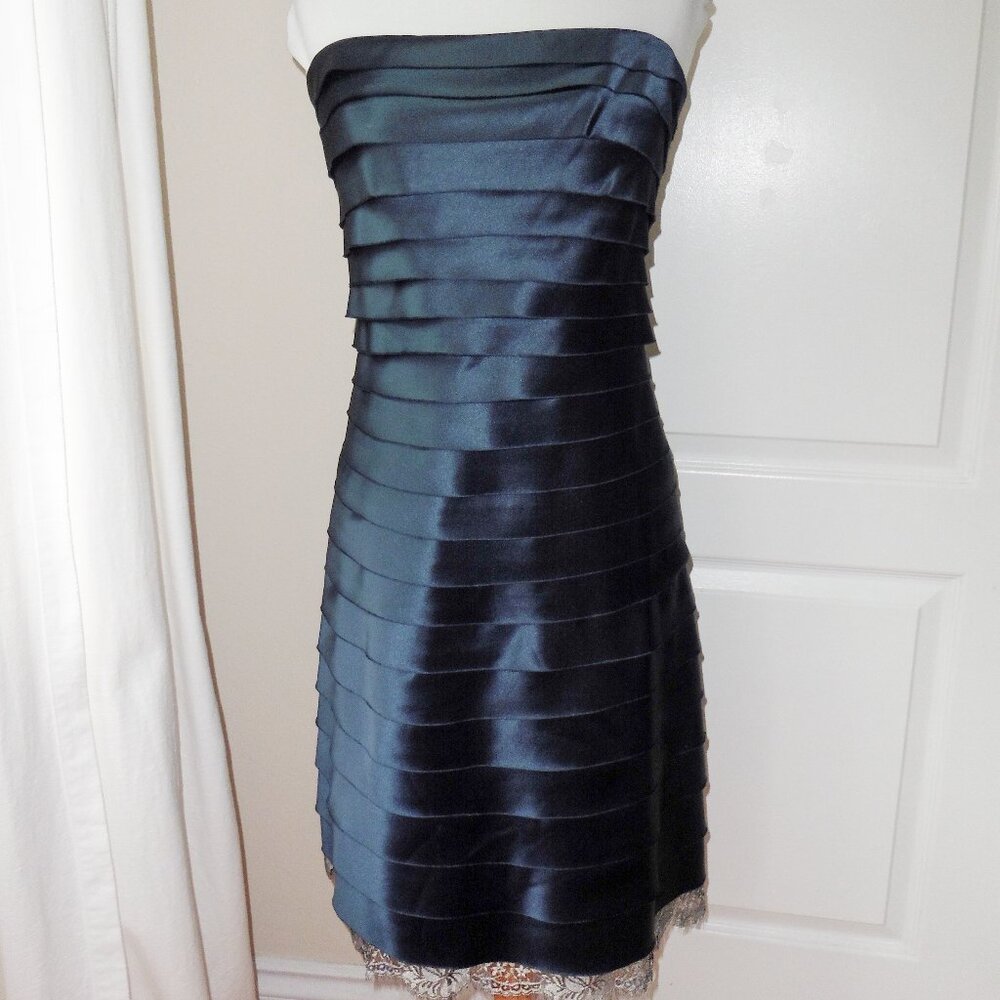 BCBG Blue Satin Pleat Strapless Dress with Lace Hem Size 8